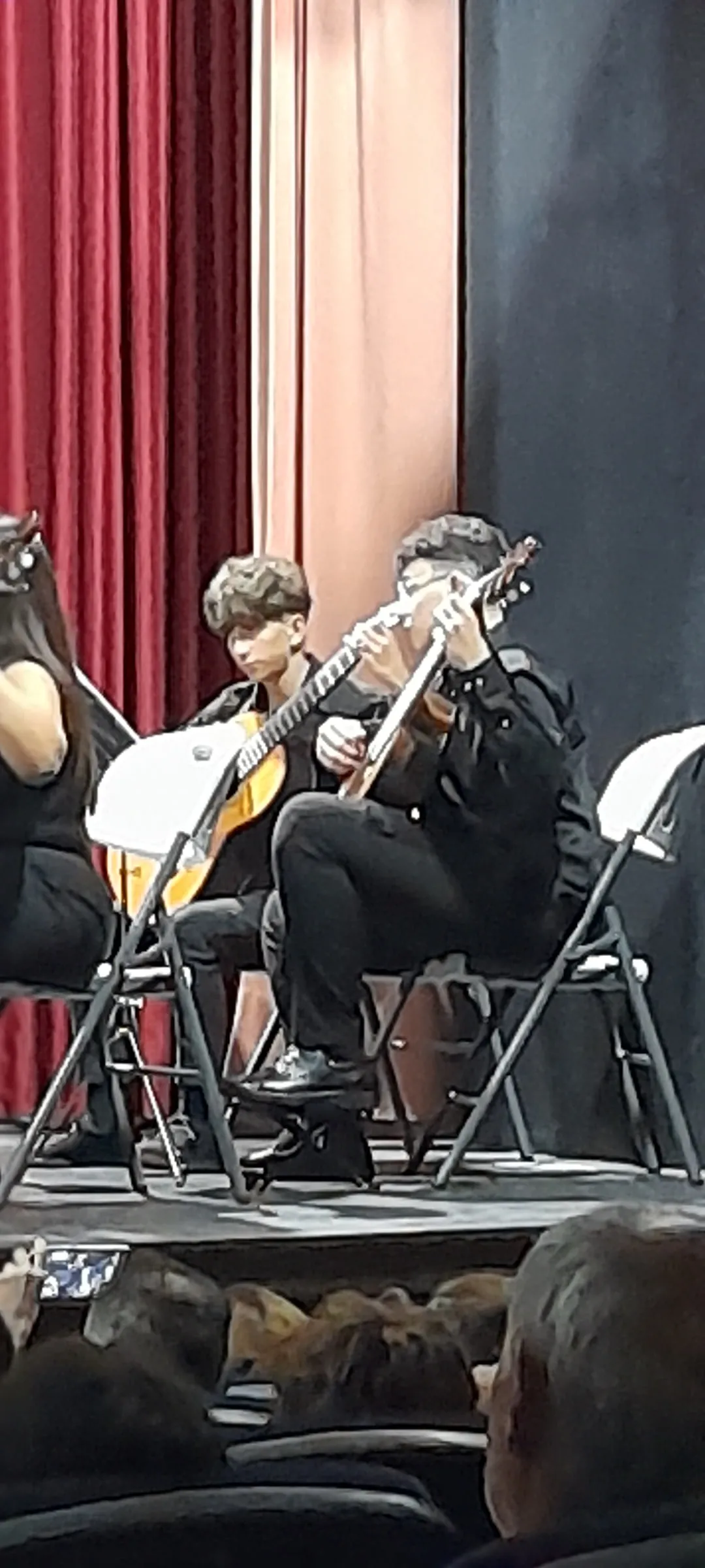 Two guitarists of the ensemble mid-phrase, seen from the hall.